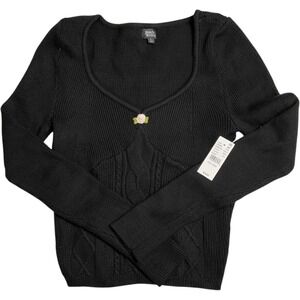 Beverly and Beck Womens Black Ribbed Cable Knit Rose Applique Top Large NWT